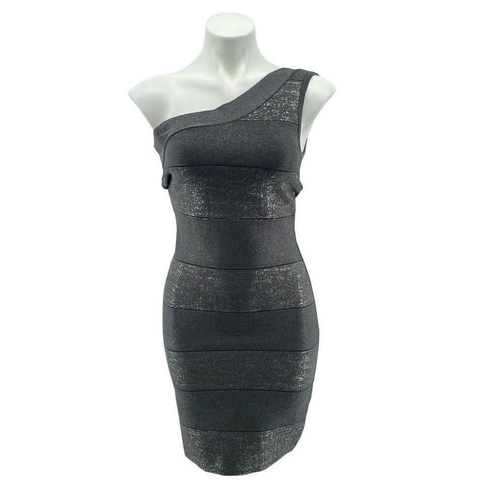 BEBE Silver Ice Metallic One-Shoulder Bandage Bodycon Dress Women’s Small